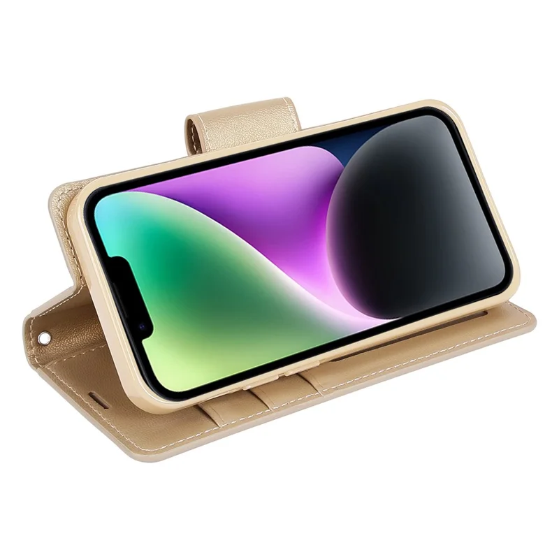 HANMAN Mill Series for iPhone 15 Plus PU Leather Mobile Phone Case Wallet Cell Phone Stand Cover - Gold