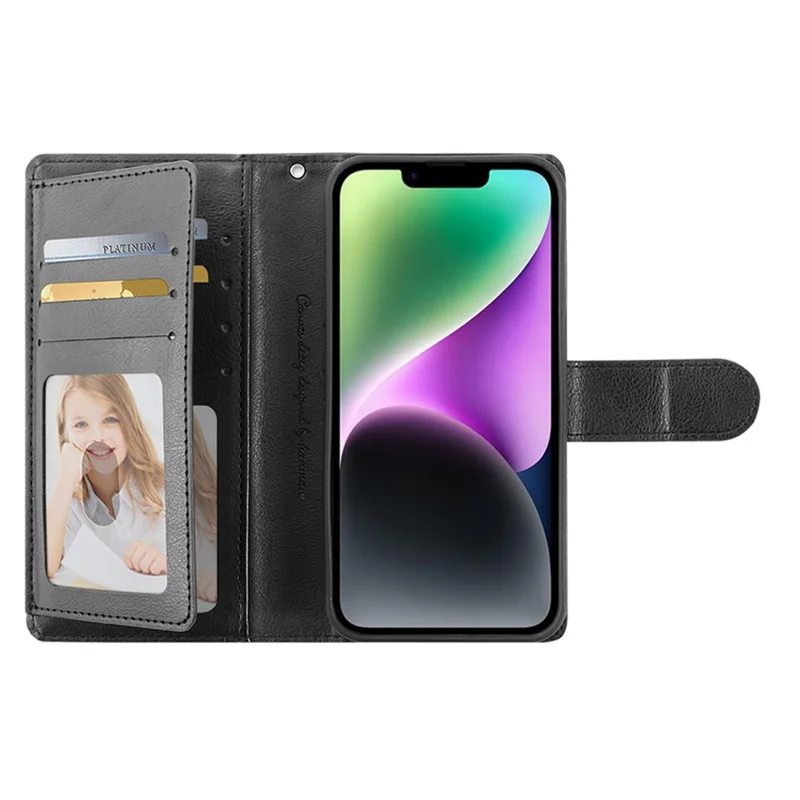 HANMAN Mill Series for iPhone 15 Shockproof Shell Wallet PU Leather Stand Cover Mobile Phone Case - Black