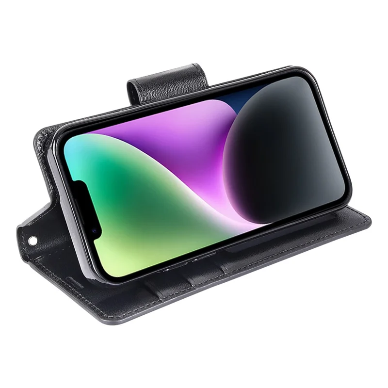 HANMAN Mill Series for iPhone 15 Shockproof Shell Wallet PU Leather Stand Cover Mobile Phone Case - Black