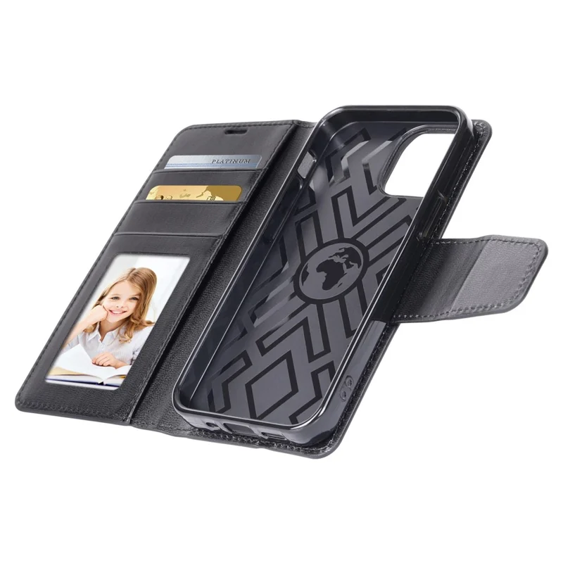 HANMAN Mill Series for iPhone 15 Shockproof Shell Wallet PU Leather Stand Cover Mobile Phone Case - Black