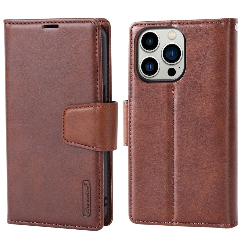 HANMAN Miro2 Series For iPhone 15 Pro PU Leather+TPU Wallet Stand Cover Detachable Magnetic Phone Case - Brown