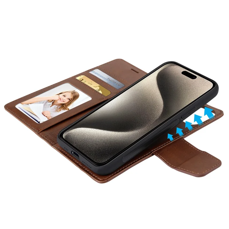 HANMAN Miro2 Series For iPhone 15 Pro PU Leather+TPU Wallet Stand Cover Detachable Magnetic Phone Case - Brown