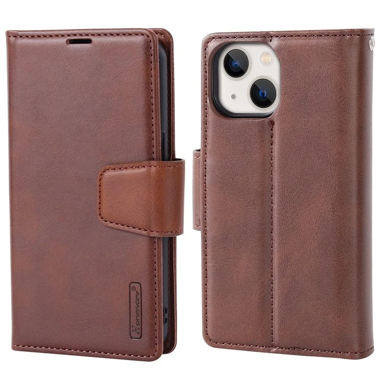 HANMAN Miro2 Series For iPhone 15 Detachable Magnetic Phone Case Anti-drop Leather Wallet Stand Cover - Brown
