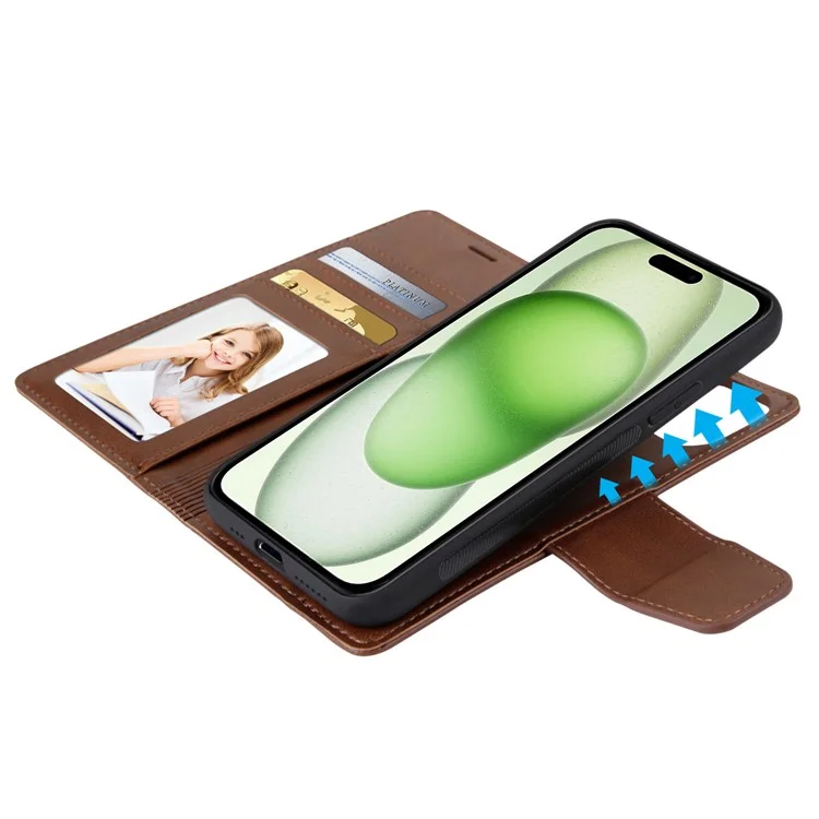 HANMAN Miro2 Series For iPhone 15 Detachable Magnetic Phone Case Anti-drop Leather Wallet Stand Cover - Brown