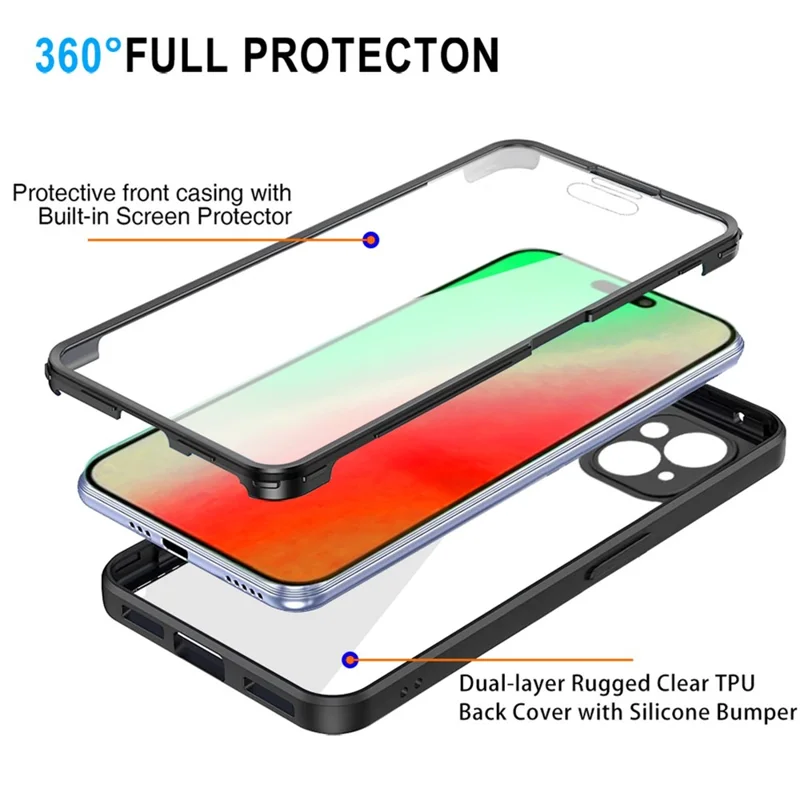 Acrylic+TPU Phone Case for iPhone 15 Plus , Fully Wrapped Protection Cover with Built-in Screen Protector - Black