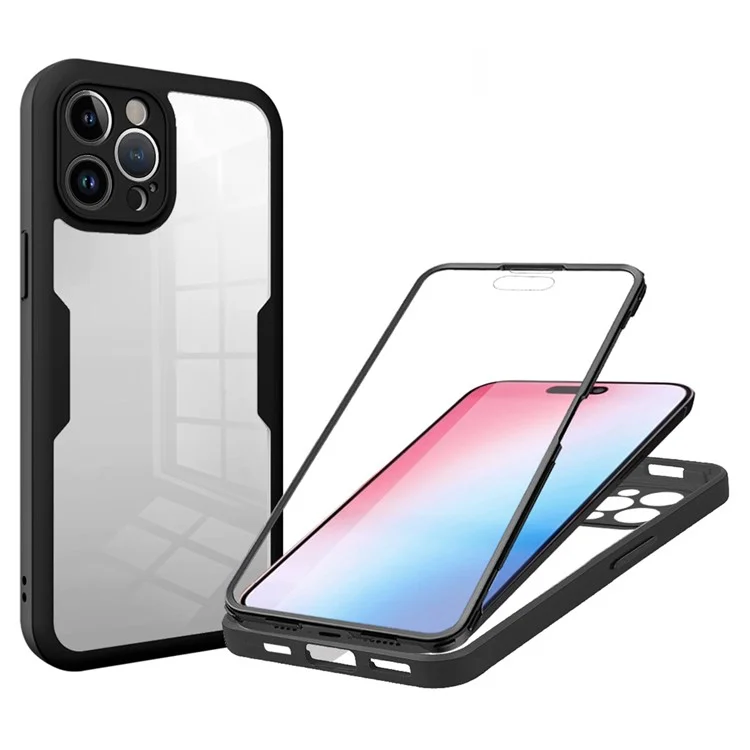 Pour iPhone 15 Pro Max Transparent Phone Case Acrylique+TPU Fully Protection Cover avec PET Screen Protector - Noir