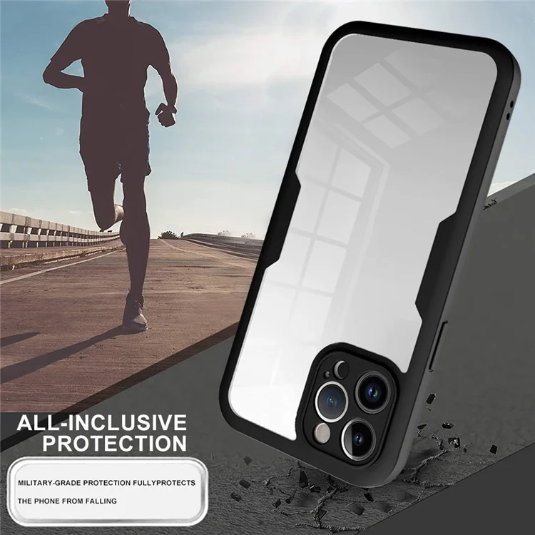 Pour iPhone 15 Pro Max Transparent Phone Case Acrylique+TPU Fully Protection Cover avec PET Screen Protector - Noir