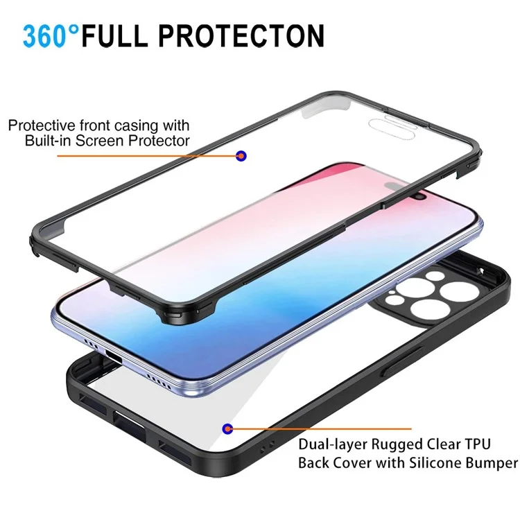 Pour iPhone 15 Pro Max Transparent Phone Case Acrylique+TPU Fully Protection Cover avec PET Screen Protector - Noir