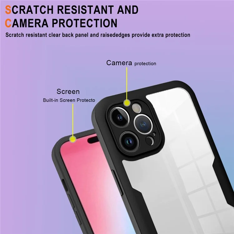 Pour iPhone 15 Pro Max Transparent Phone Case Acrylique+TPU Fully Protection Cover avec PET Screen Protector - Noir