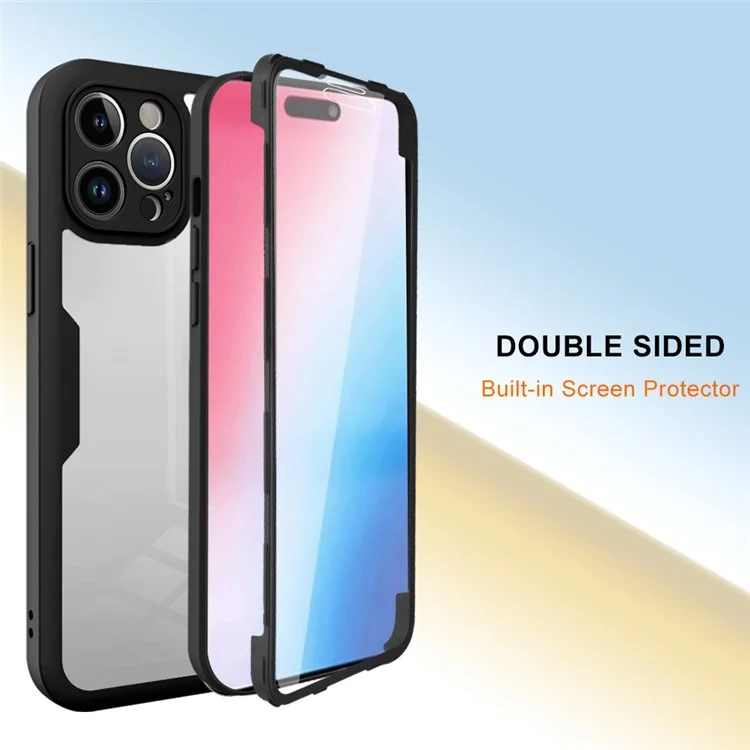 Pour iPhone 15 Pro Max Transparent Phone Case Acrylique+TPU Fully Protection Cover avec PET Screen Protector - Noir
