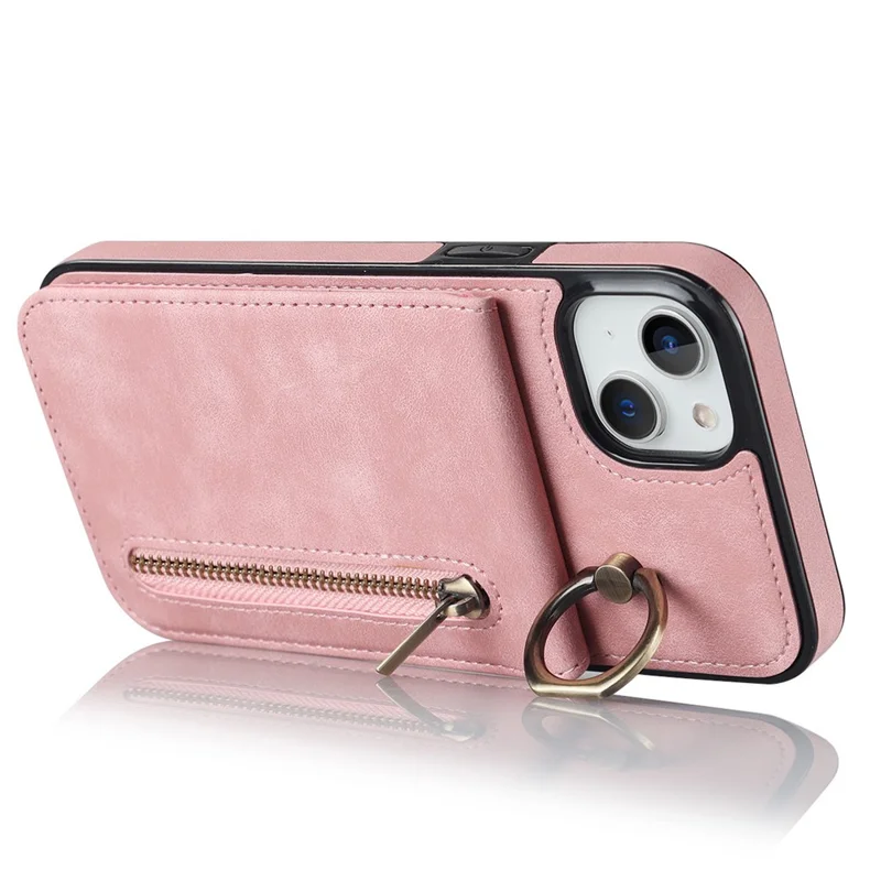 Per Iphone 13 / 14 6,1 Pollici di Telefono RFID Blocking Wallet Retro PU+TPU Kickstand Cover - Rosa