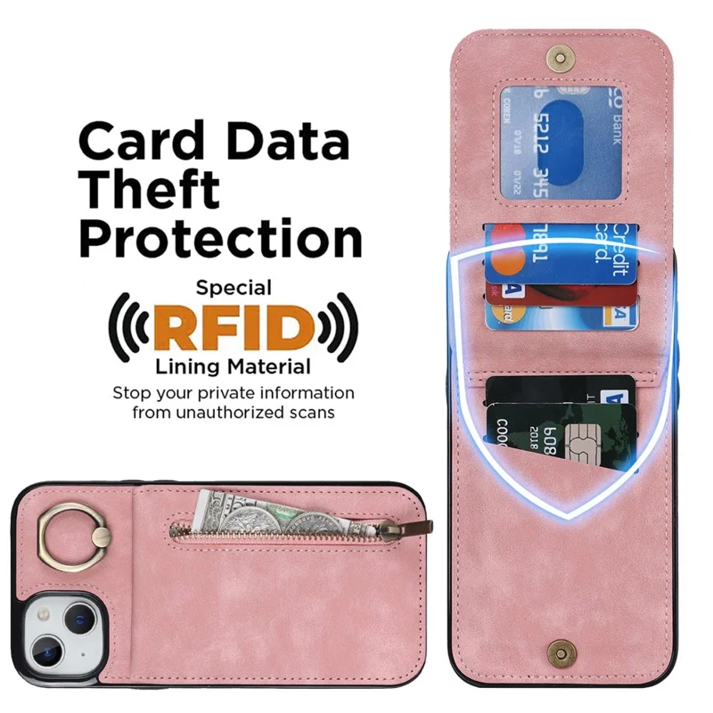 Per Iphone 13 / 14 6,1 Pollici di Telefono RFID Blocking Wallet Retro PU+TPU Kickstand Cover - Rosa