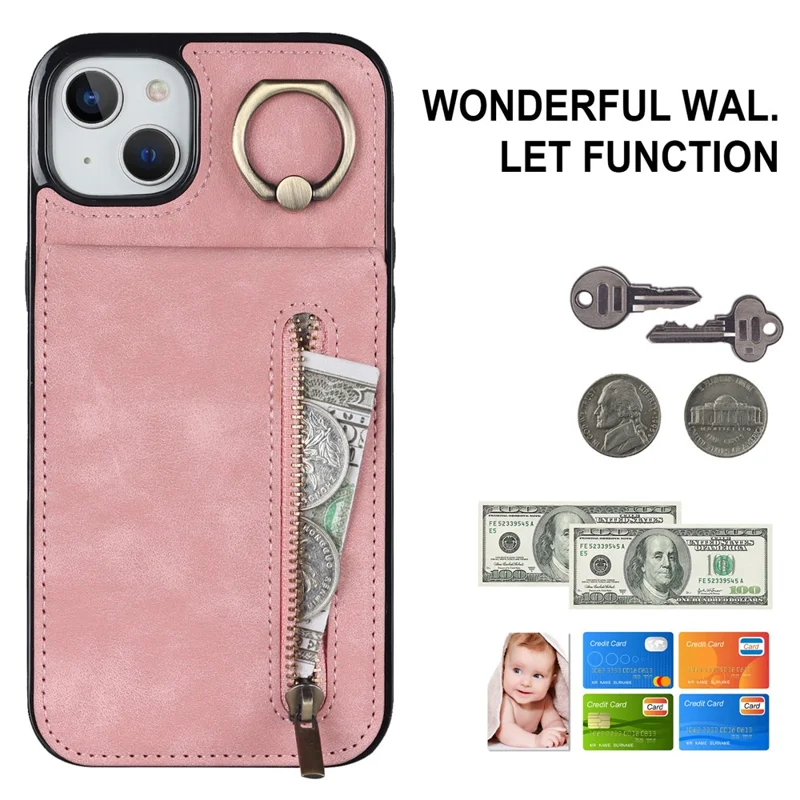 For iPhone 14 Plus Anti-drop Phone Case RFID Blocking Wallet Retro PU+TPU Cellphone Kickstand Cover - Pink