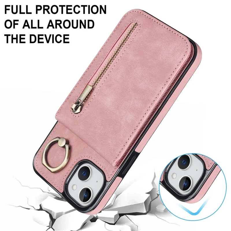 For iPhone 14 Plus Anti-drop Phone Case RFID Blocking Wallet Retro PU+TPU Cellphone Kickstand Cover - Pink