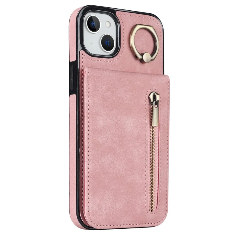 For iPhone 14 Plus Anti-drop Phone Case RFID Blocking Wallet Retro PU+TPU Cellphone Kickstand Cover - Pink