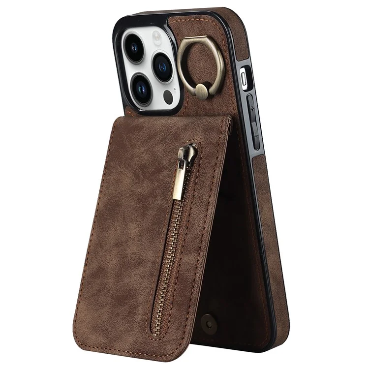 Para iPhone 14 Pro Retro PU+TPU Capa de Telefone RFID Blocking Wallet Back Cover com Suporte - Marrom