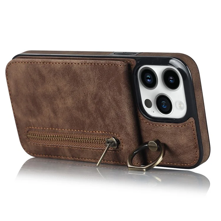 Para iPhone 14 Pro Retro PU+TPU Capa de Telefone RFID Blocking Wallet Back Cover com Suporte - Marrom