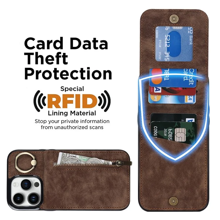 Para iPhone 14 Pro Retro PU+TPU Capa de Telefone RFID Blocking Wallet Back Cover com Suporte - Marrom