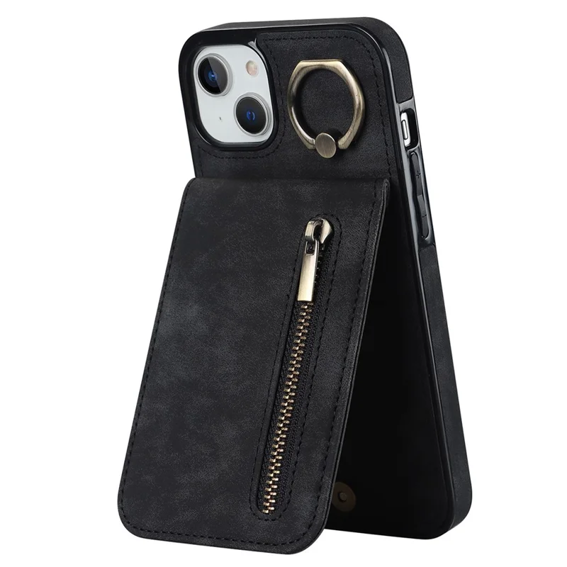 Custodia posteriore per iPhone 15 Plus, custodia telefonica RFID Blocking Wallet Retro PU+TPU Kickstand Cover - Nero