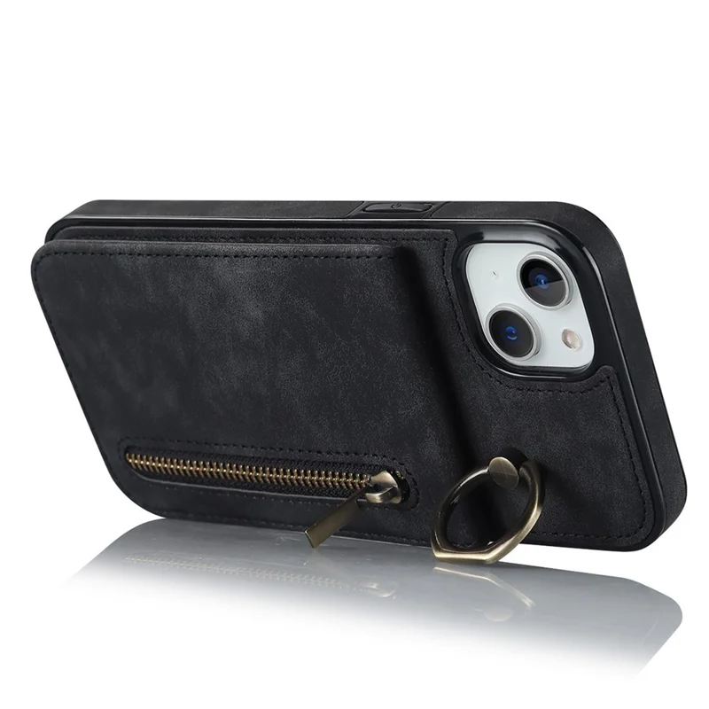 Custodia posteriore per iPhone 15 Plus, custodia telefonica RFID Blocking Wallet Retro PU+TPU Kickstand Cover - Nero