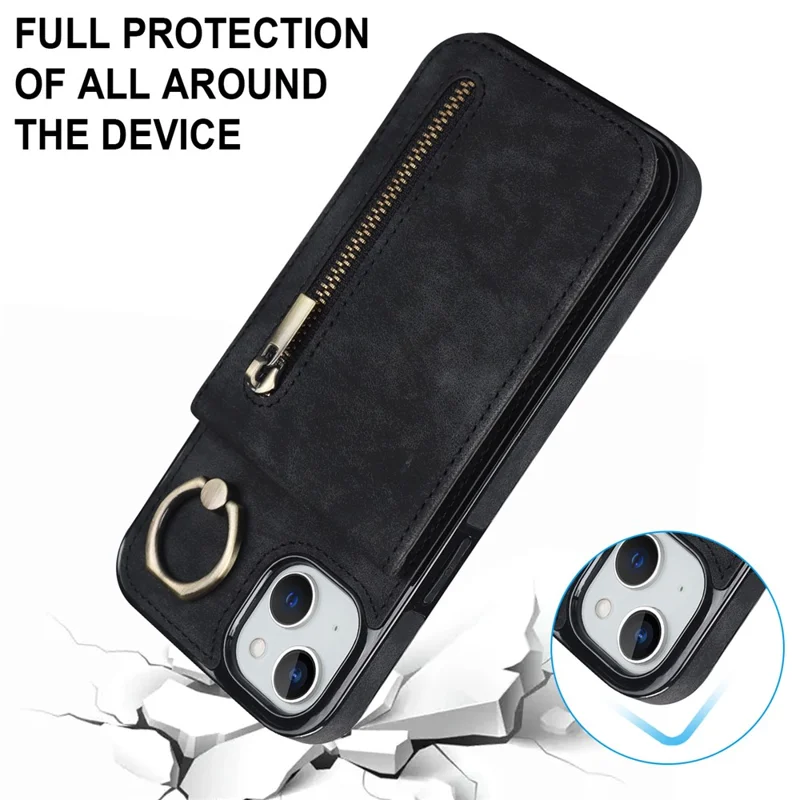 Custodia posteriore per iPhone 15 Plus, custodia telefonica RFID Blocking Wallet Retro PU+TPU Kickstand Cover - Nero