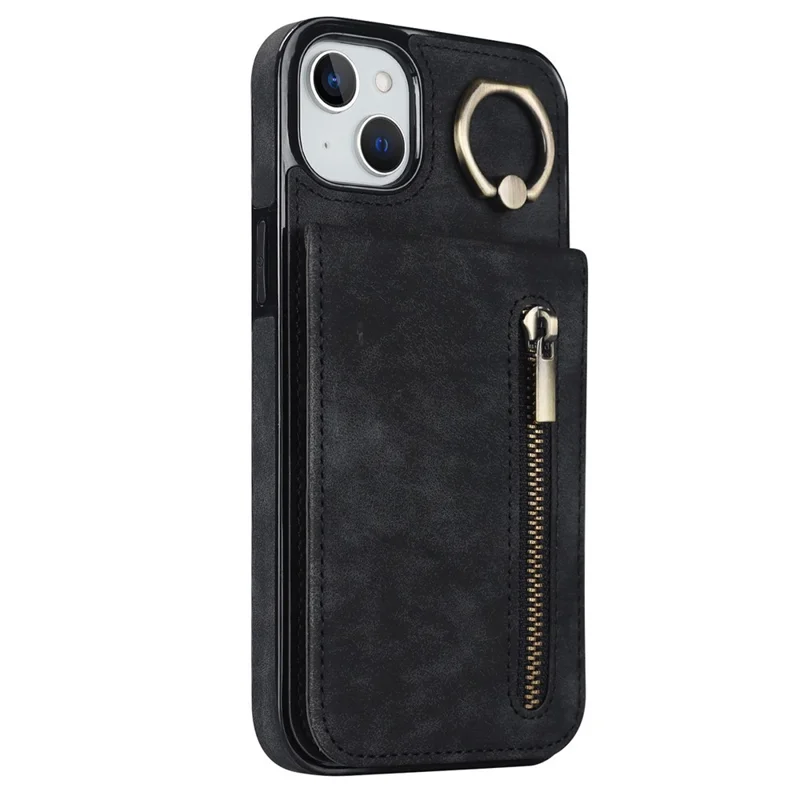 Custodia posteriore per iPhone 15 Plus, custodia telefonica RFID Blocking Wallet Retro PU+TPU Kickstand Cover - Nero