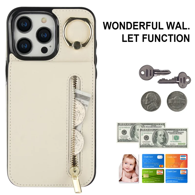 Phone Case for iPhone 14 Pro Max , RFID Blocking Wallet Retro PU+TPU Cellphone Kickstand Cover - Beige