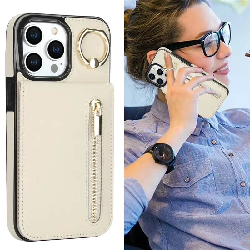 For iPhone 15 Pro Max RFID Blocking Wallet Phone Case Fall Protection Retro PU+TPU Kickstand Cover - Beige