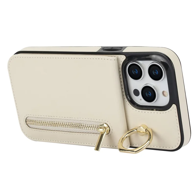 For iPhone 15 Pro Max RFID Blocking Wallet Phone Case Fall Protection Retro PU+TPU Kickstand Cover - Beige