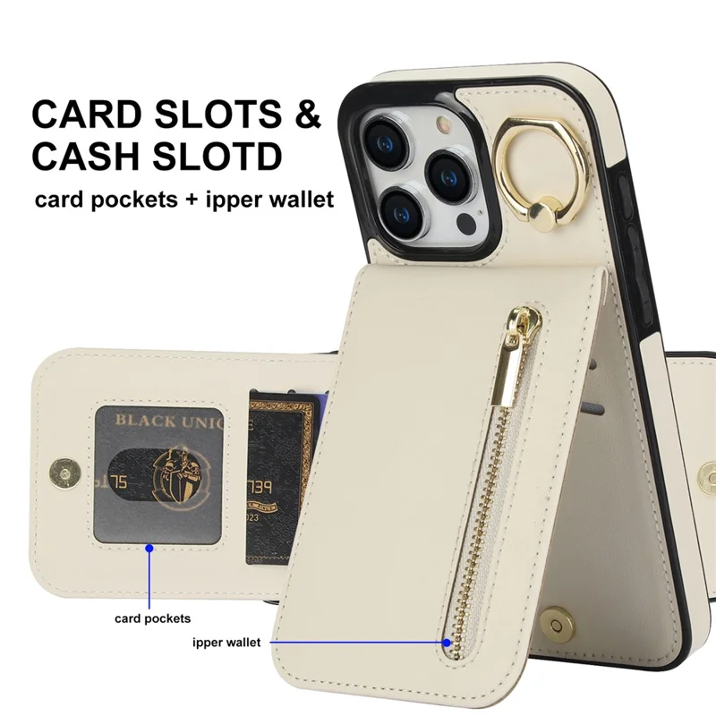 For iPhone 15 Pro Max RFID Blocking Wallet Phone Case Fall Protection Retro PU+TPU Kickstand Cover - Beige