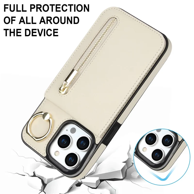 For iPhone 15 Pro Max RFID Blocking Wallet Phone Case Fall Protection Retro PU+TPU Kickstand Cover - Beige