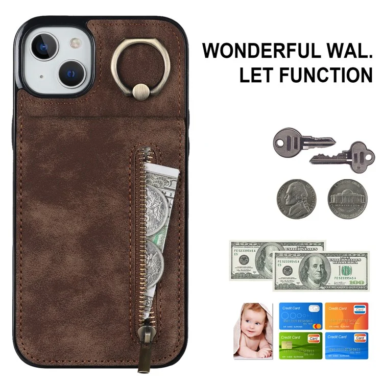 Для iPhone 15 RFID Blocking Wallet Anti-scratch Phone Case Retro PU+TPU Чехол для сотового телефона со складной подставкой - коричневый