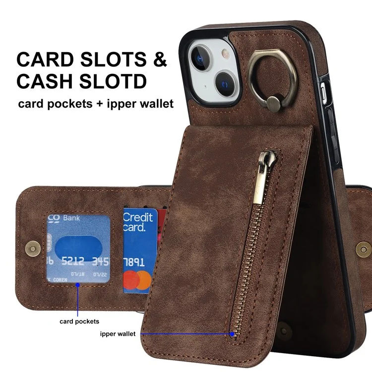 Для iPhone 15 RFID Blocking Wallet Anti-scratch Phone Case Retro PU+TPU Чехол для сотового телефона со складной подставкой - коричневый