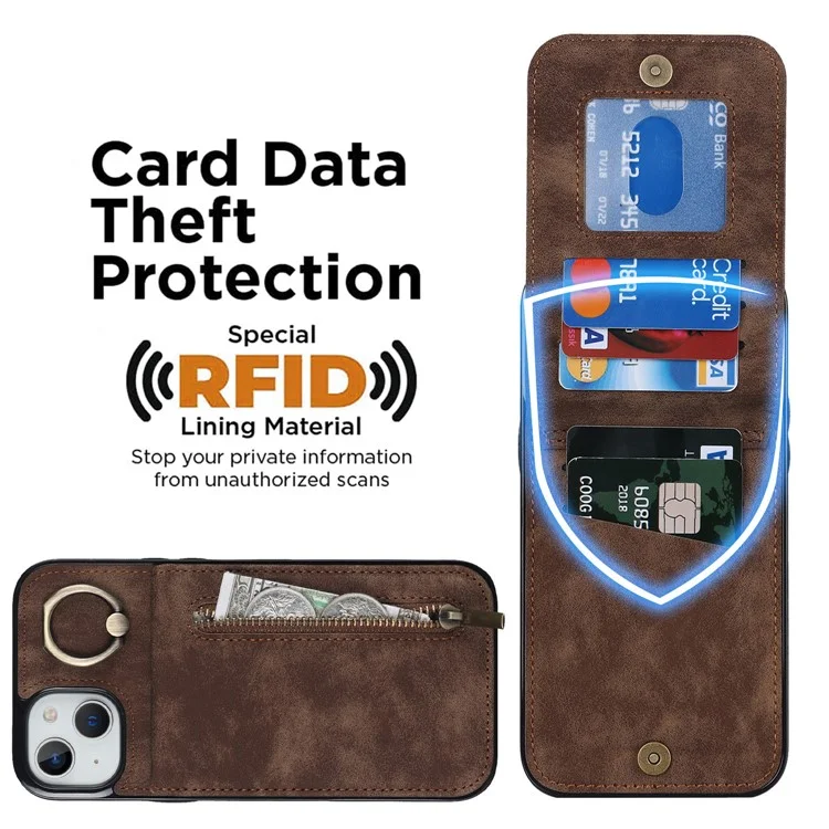 Для iPhone 15 RFID Blocking Wallet Anti-scratch Phone Case Retro PU+TPU Чехол для сотового телефона со складной подставкой - коричневый