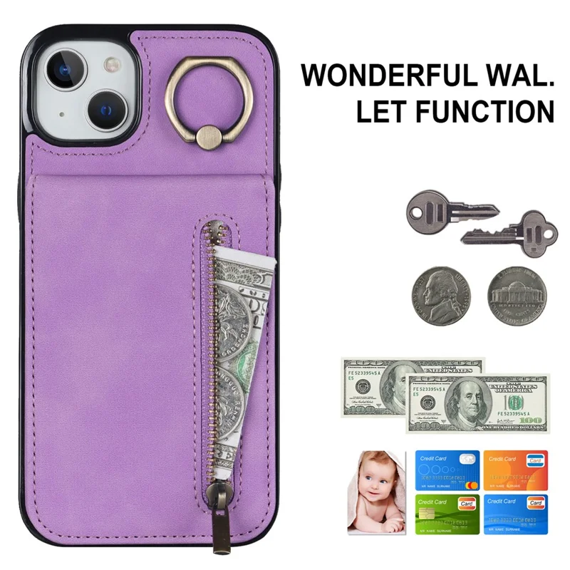 Cover per iPhone 15 con Portafoglio RFID Blocking, Anti-graffio, in PU+TPU Retro con Supporto a Cavalletto - Viola