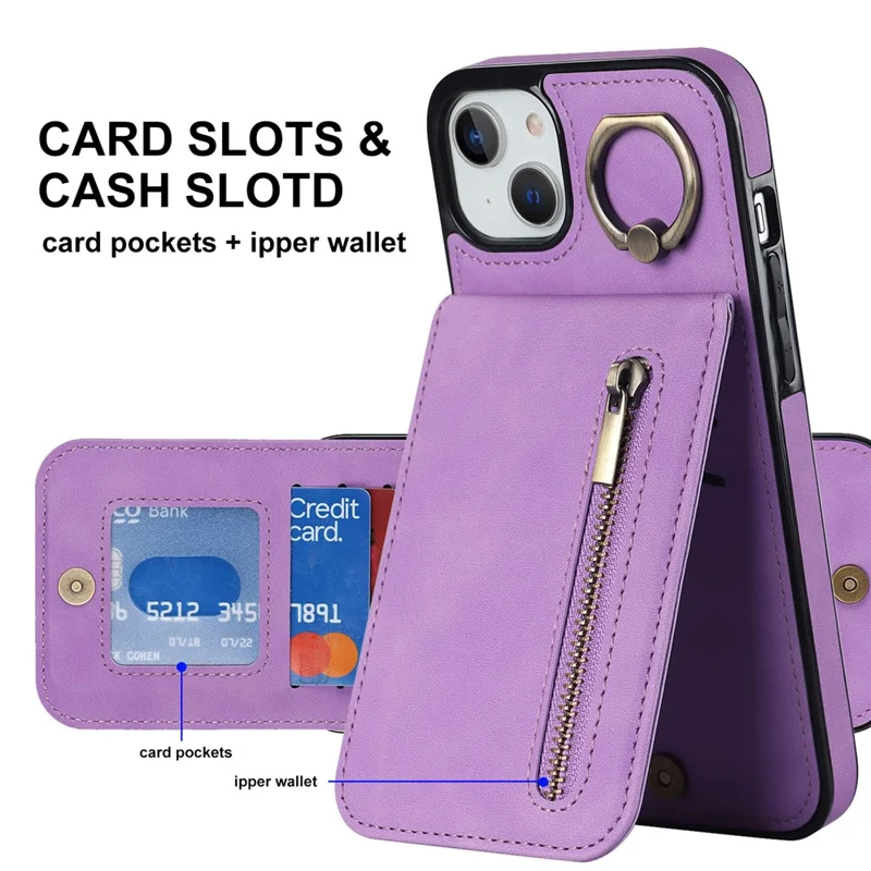 Cover per iPhone 15 con Portafoglio RFID Blocking, Anti-graffio, in PU+TPU Retro con Supporto a Cavalletto - Viola