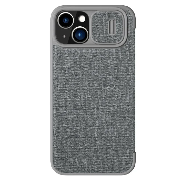 NILLKIN Qin Pro Series Stoßfeste Hülle für iPhone 15 Plus Kartenfach PU-Leder Flip Cover mit Schiebe-Linsenschutz - Grau