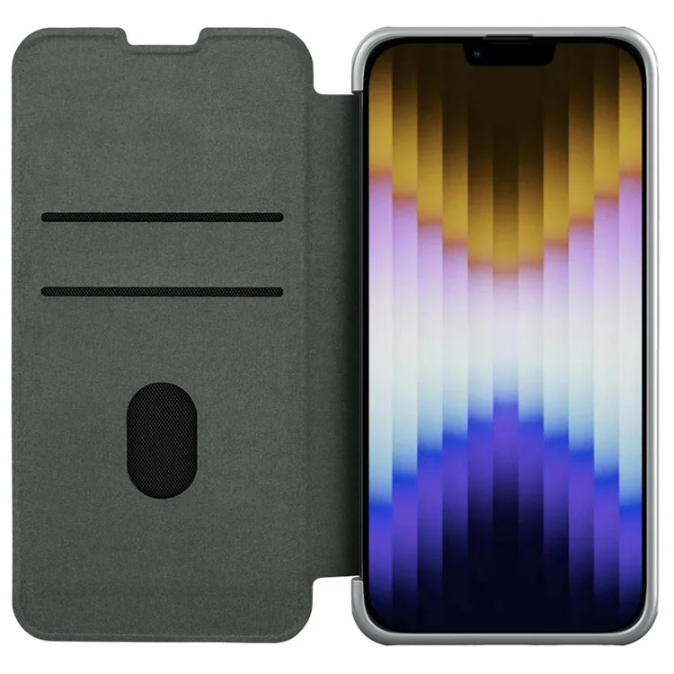 NILLKIN Qin Pro Series Stoßfeste Hülle für iPhone 15 Plus Kartenfach PU-Leder Flip Cover mit Schiebe-Linsenschutz - Grau
