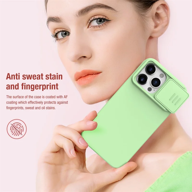 NILLKIN For iPhone 15 Pro Max Slide Camera Protection Phone Cover Liquid Silicone + PC Back Case - Mint Green