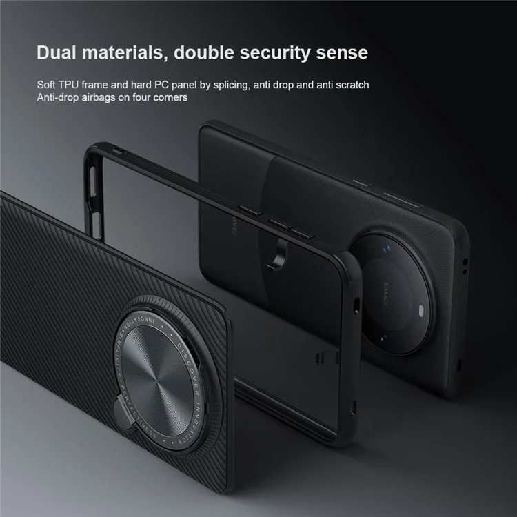 NILLKIN CamShield Prop-Serie für Huawei Mate 60 Pro / 60 Pro+ Kickstand Lens Lid Back Cover PC+TPU Handyhülle - Schwarz
