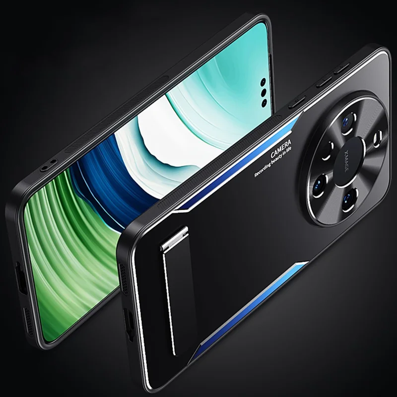 For Huawei Mate 60 Kickstand Phone Case Aluminum Alloy + TPU Shockproof Protective Cover - Blue