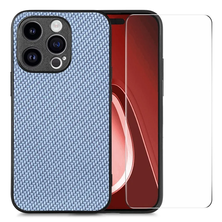 ENKAY HAT PRINCE Para iPhone 14 Pro Funda de teléfono de fibra de carbono de cuero + PC con película de vidrio de alta aluminio-silicio - Azul