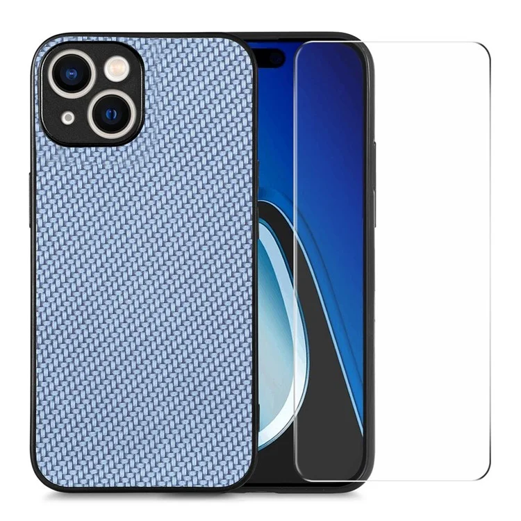 ENKAY HAT PRINCE para funda de teléfono iPhone 15 Plus Funda de PC con revestimiento de cuero de fibra de carbono + película de vidrio de aluminio-silicio de alta calidad - Azul