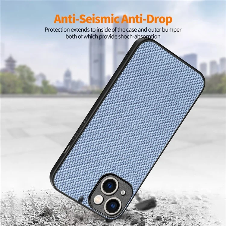 ENKAY HAT PRINCE para funda de teléfono iPhone 15 Plus Funda de PC con revestimiento de cuero de fibra de carbono + película de vidrio de aluminio-silicio de alta calidad - Azul