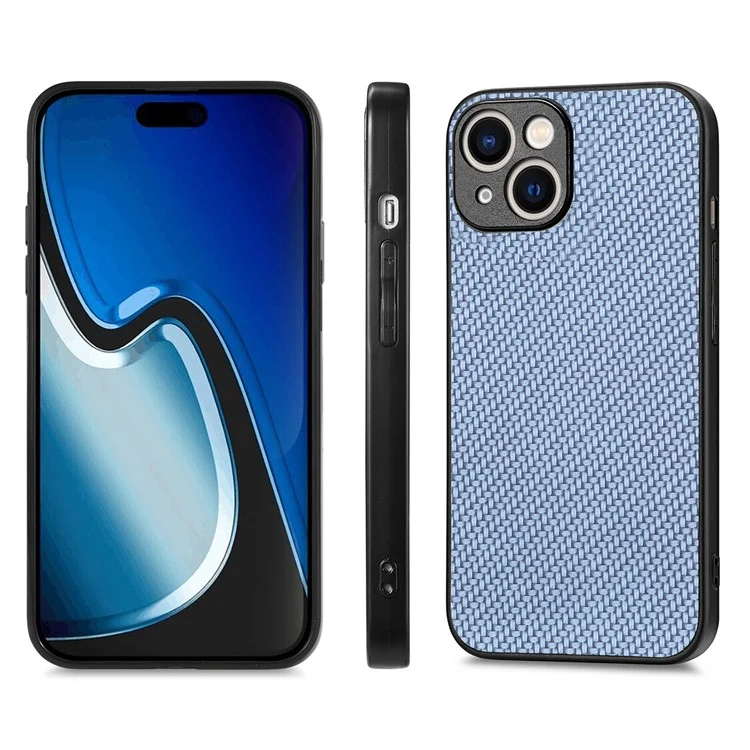 ENKAY HAT PRINCE Funda de teléfono de fibra de carbono para iPhone 15 con cubierta de piel y PC con película de vidrio de alta aluminio-silicio - Azul
