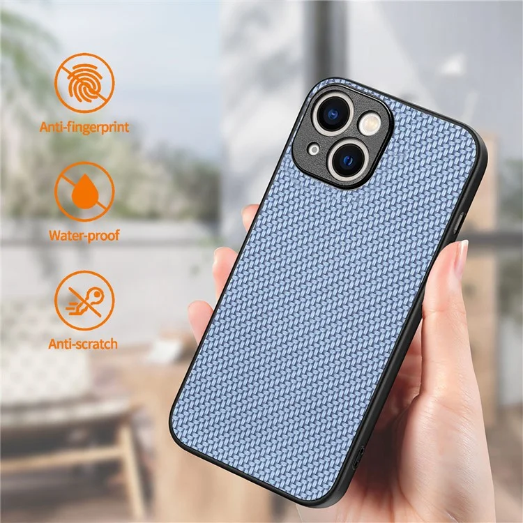 ENKAY HAT PRINCE Funda de teléfono de fibra de carbono para iPhone 15 con cubierta de piel y PC con película de vidrio de alta aluminio-silicio - Azul