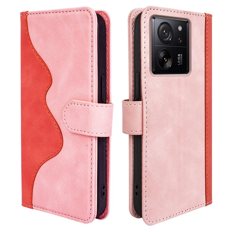 Para Xiaomi 13T / 13T Pro Dual-color Splicing Phone Case PU Leather+TPU Wallet Stand Shock-absorbing Cover - Pink