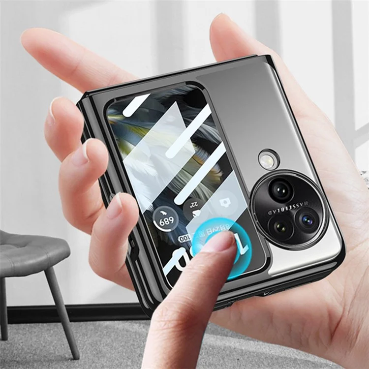 GKK For Oppo Find N3 Flip 5G Case Electroplated Clear PC Phone Cover with Rear Screen Film - Black