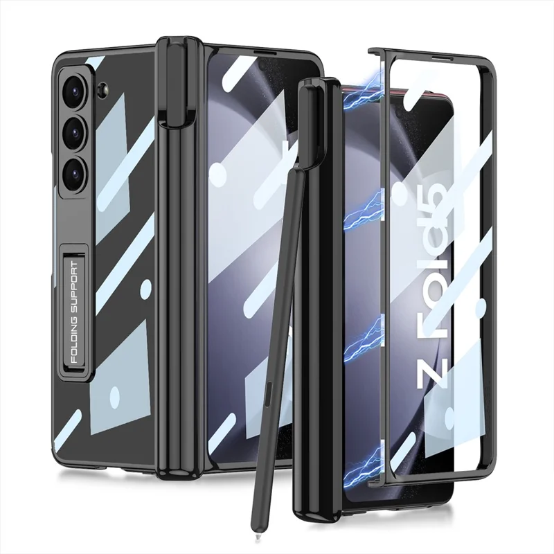 GKK Für Samsung Galaxy Z Fold5 5G Cover Pen Holder Einstellbarer Ständer PC Handyhülle mit Frontschutzfolie - Schwarz
