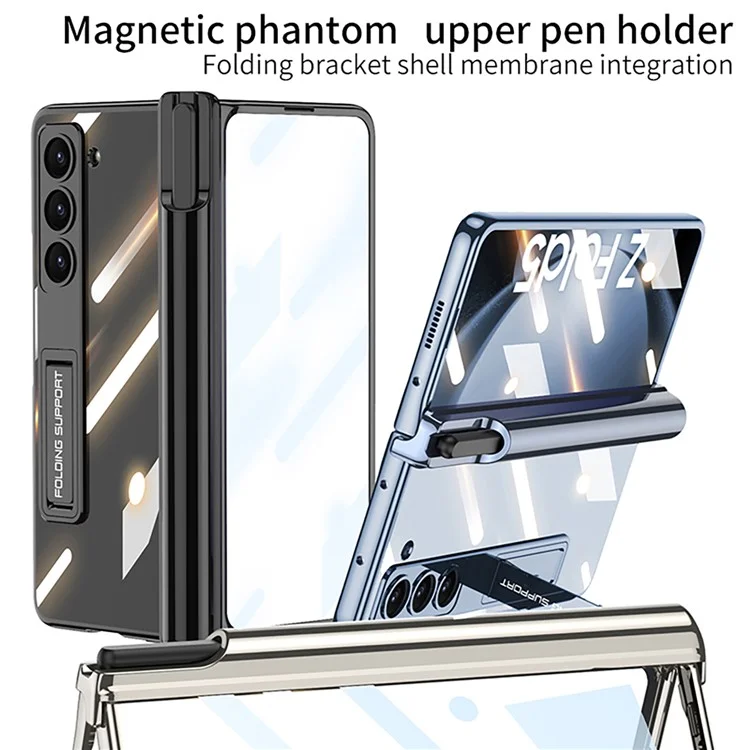 GKK Für Samsung Galaxy Z Fold5 5G Cover Pen Holder Einstellbarer Ständer PC Handyhülle mit Frontschutzfolie - Schwarz